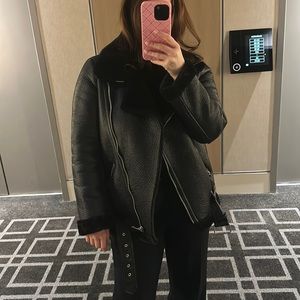 Zara black leather look jacket with fur